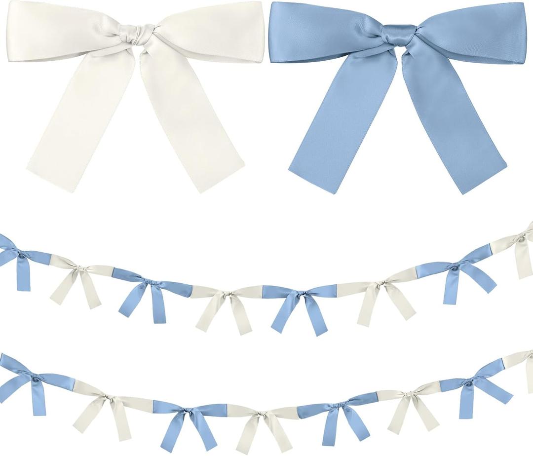 2 Pcs Baby Blue and White Bow Garland Banner 16.4 ft Bow Party Decorations for Girls Pastel Bow Ribbon Banner Bow Birthday Baby Shower Decorations Coquette Bridal Shower Party Supplies