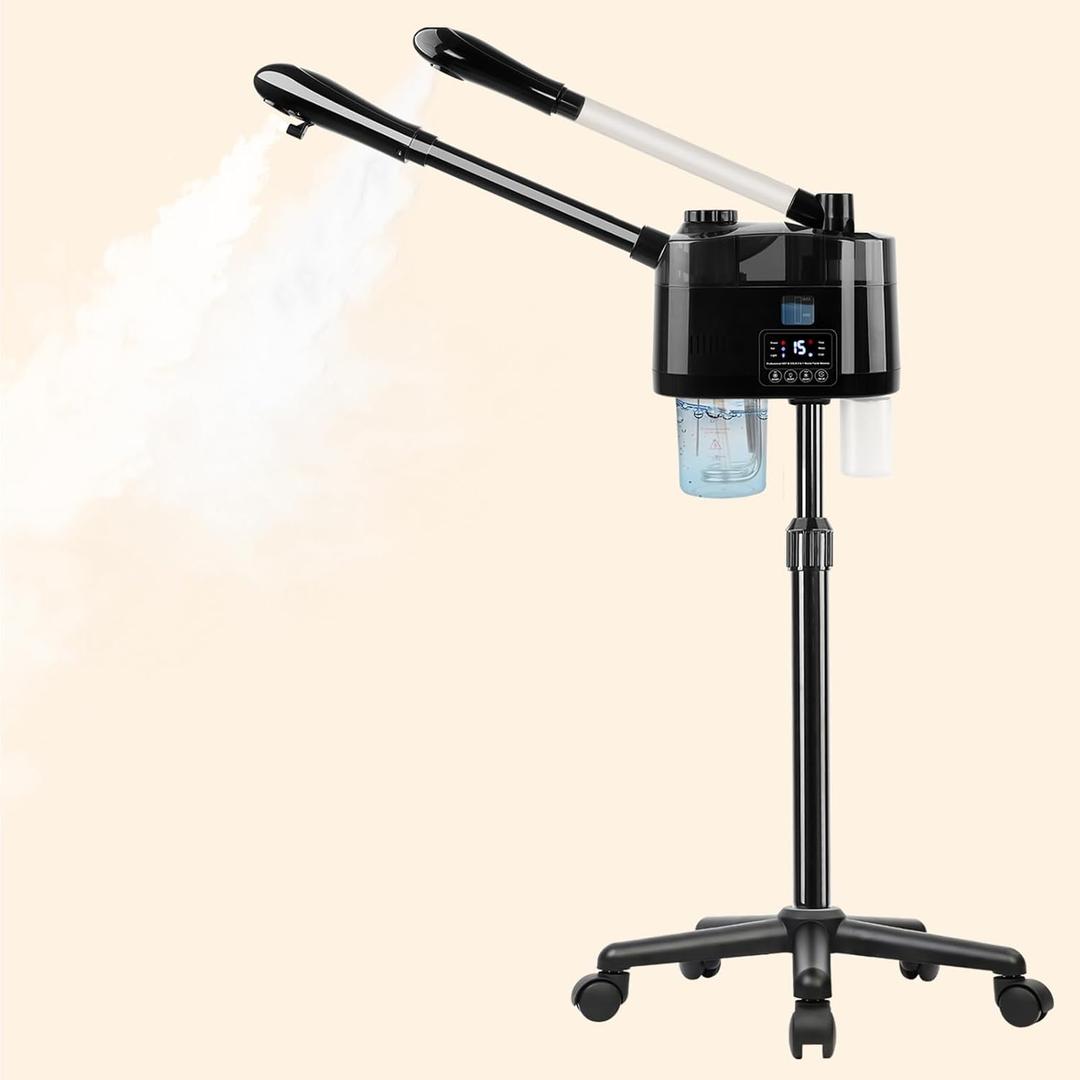 Professional Facial Steamer with Ozone and Hot & Cold Mist, Esthetician Steamer on Wheels, Face Humidifier for Facial Deep Cleaning, Digital Facial Steamer for Home and Salon, Black (Medium)