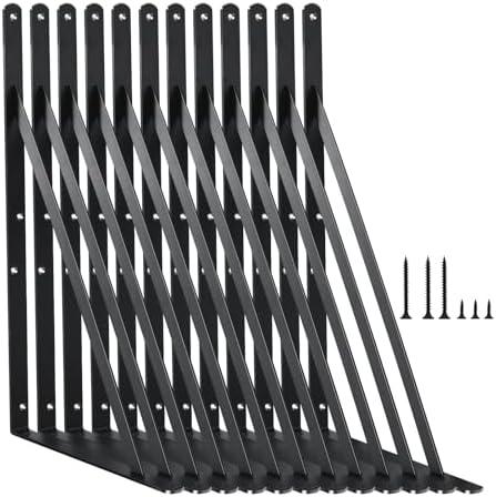12 Pack L14 x H 10" Black Heavy Duty Shelf Brackets with Screws Metal Shelf Brackets Shelf Support Angle Brackets for Shelves L Brackets Heavy Duty Floating Shelf