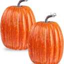 vensovo 2PCS 8 Inch Orange Plastic Pumpkins for Decorating - Large Artificial Foam Pumpkins for Fall Decor, Halloween, Thanksgiving, Paintable for DIY Crafts & Centerpieces
