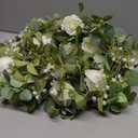 6FT Artificial Eucalyptus Garland with Flowers, 10 White Roses Baby Breath Garland Floral Greenery for Wedding Party Centerpiece Table Runner Backdrop Wall Decor Decoration