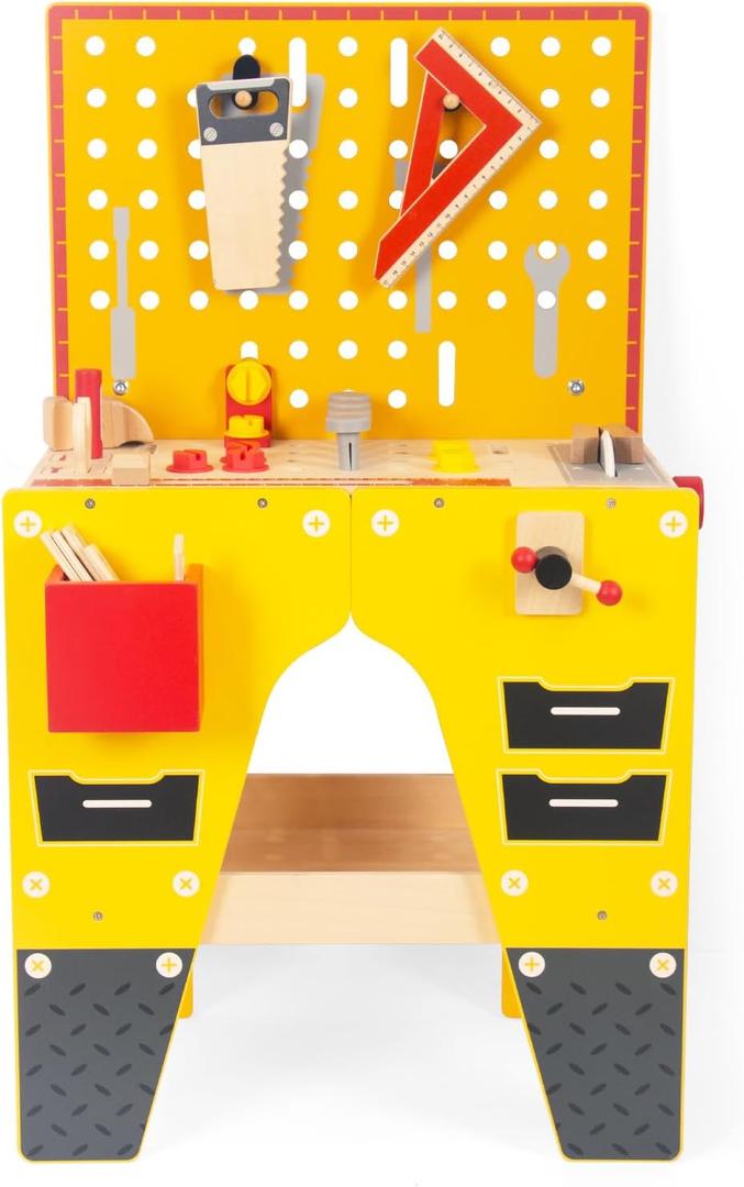 Wooden Tool Bench for Kids Pretend Play Workbench Set with Realistic Tools, STEM Construction Workshop Toys, Gift for 3 4 5 Year Old Boys & Girls