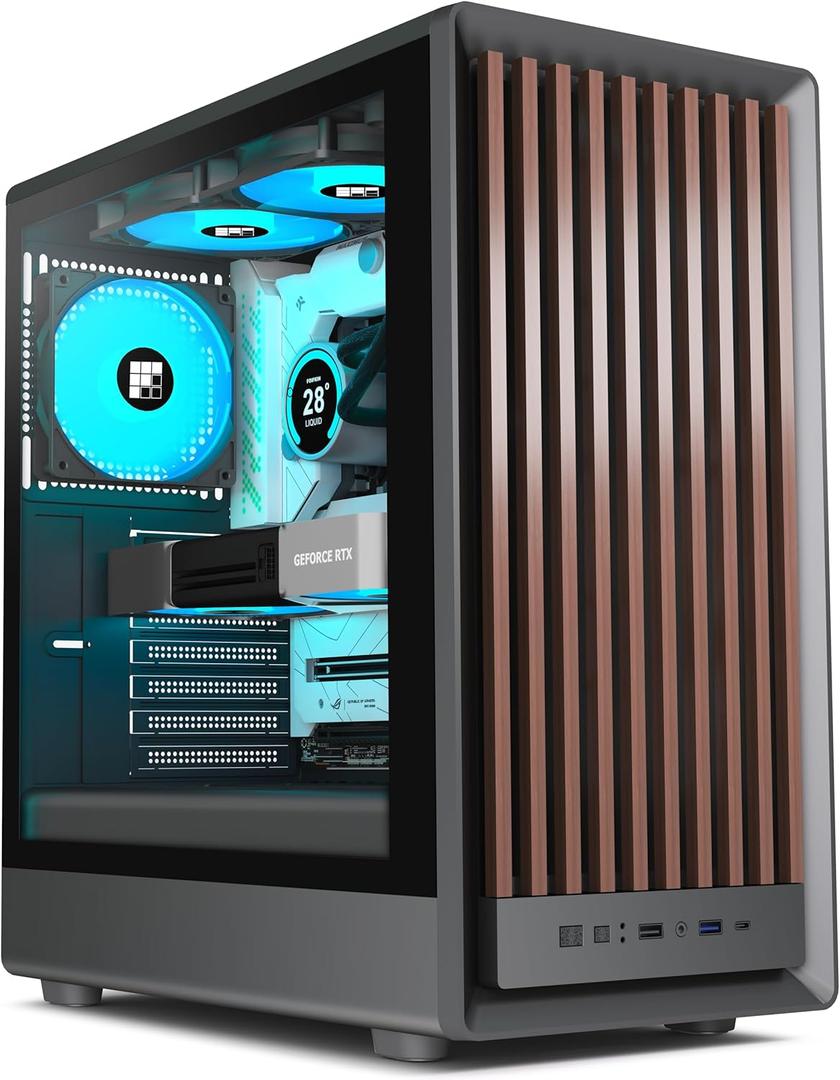 M1 PC Case -Walnut Front pane Pre-Installed 4 PWM ARGB Fan, ATX Mid-Tower Gaming PC Case, with Type-C,FOIFKIN (Black, M1)