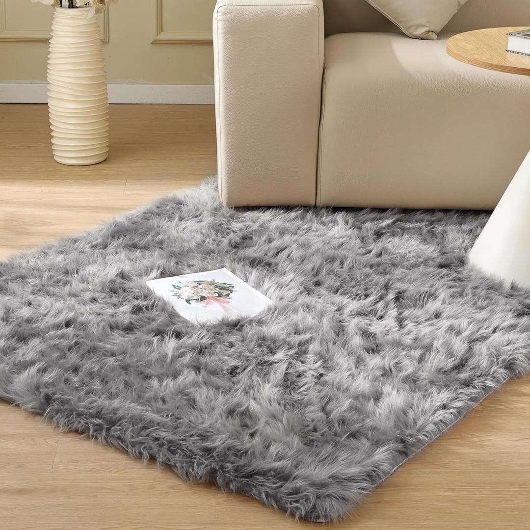 ORINOVA Light Grey Furry Washable Sheepskin Fur Area Rugs for Living Room Faux Fluffy Fur Rug for Bedroom Nursery Rug 4x6 Rectangle Rugs