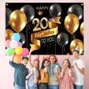 Happy 20th Birthday Backdrop Banner - 20 Birthday Party Decorations Supplies for Men - Black Gold 3.9 x 5.9ft