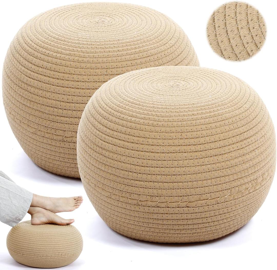 Briwooody 2 Pcs Handmade Round Cotton Knitted Low Pouf Ottoman