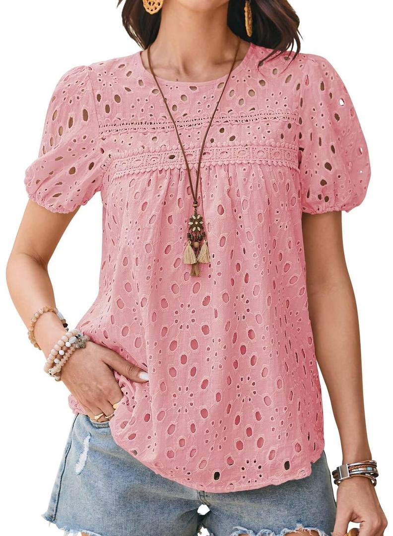 Falechay Womens Summer Tops Round Neck Hook Flower Casual Blouses for Women Dressy Casual Embroidered Eyelet Swiss Dot Babydoll Clothing Pink S (Pink, S)