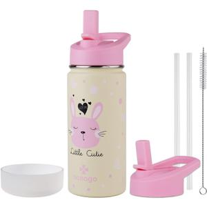 16 oz Stainless Steel Insulated Kids Water Bottle, Leak Proof Metal Thermal Flask with Straw lid, Cute Toddler Tumbler Cup for School Girls & Boys (Pink, Bunny)