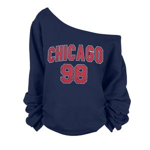 FASHGL Women's Off The Shoulder Sweatshirts Tops Oversized Sweatshirt Streetwear Y2K Jersey Number Graphic Long Sleeve Dark Blue Medium