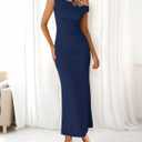 BTFBM Women 2025 Summer One Shoulder Bodycon Ruched Maxi Dress Slit Mesh Long Formal Cocktail Fall Wedding Guest Dresses (Blue, L)