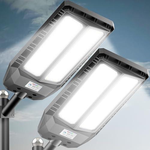 6000W Solar Street Lights Outdoor, 7000K Solar Light Outdoor LED Street Light Dusk to Dawn, LED Wide Angle Lamp with Motion Sensor and Remote Control, for Parking Lot, Yard, Count of 2
