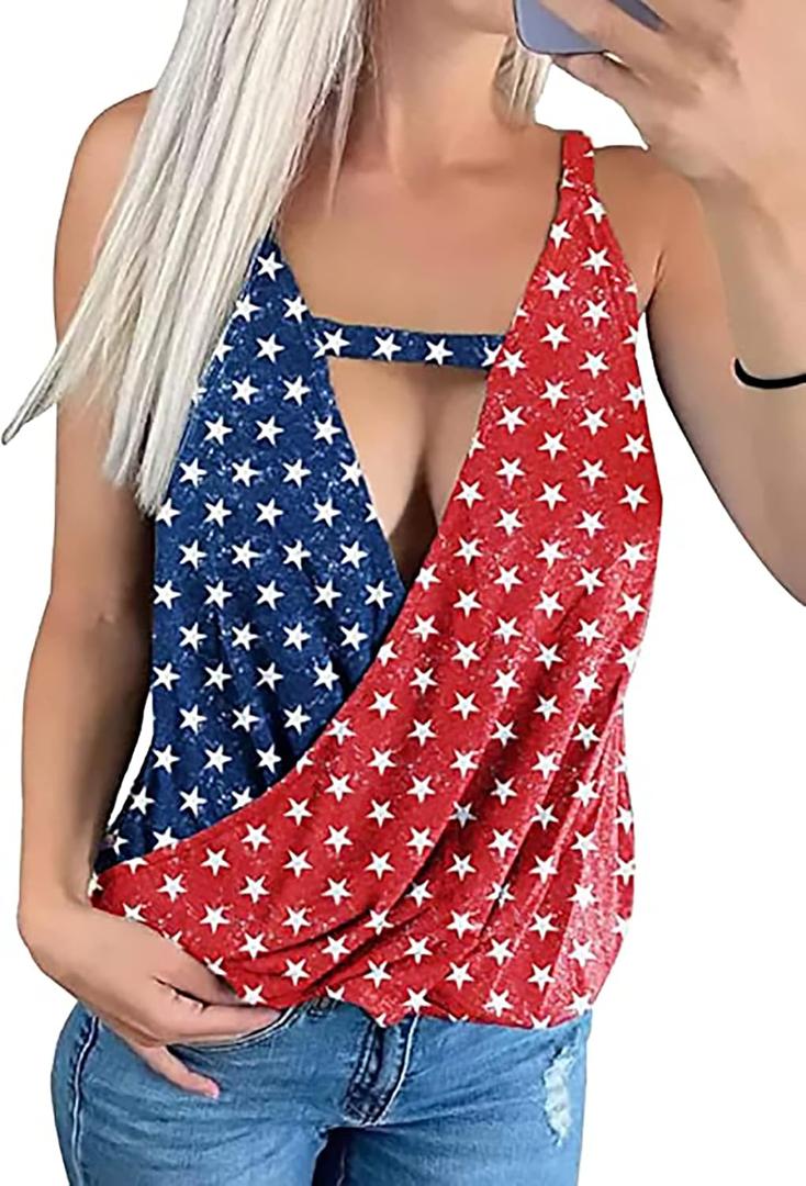 LLHXRUI American Flag Hollow Out Wrap Camisole Tank Top for Womens 4th of July Shirt Loose Casual Summer Beach Shirts Camis (Small, Multicolor)