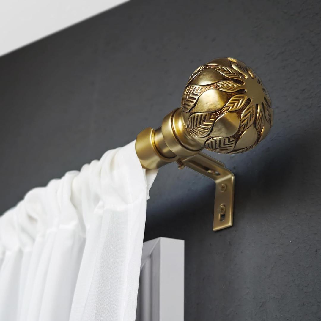 1 Inch Single Curtain Rods 72 to 144 Inches Adjustable Drapery Rods for Window width 68 to 140 Inches, Carved Leaves Finials, Brushed Gold
