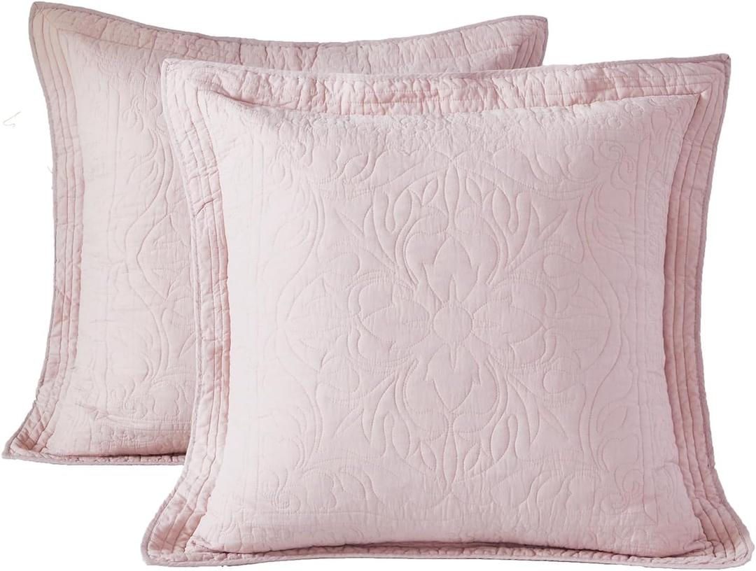 WINLIFE 100% Cotton Quilted Euro Sham Covers, 2 Pack Cotton 26'' x 26'' Pillow Covers, Soft and Breathable Euro Shams, Square Pillow Shams, Dusty Pink