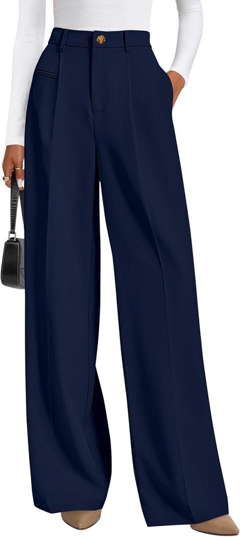 PRETTYGARDEN Womens Wide Leg Dress Pants 2026 Business Casual Flowy Work Palazzo Pants High Waisted Slacks Trousers (Medium, Navy)