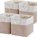 MidmmVick 13 x 13 Inch Cube Storage Bins, 4 Pack Large Collapsible Fabric Storage Bin with Ropes, Foldable Storage Cubes for Home, Office,Closet, Clothes, Toys Organizer (White & Beige)