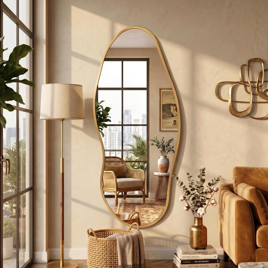 Irregular Full Length Mirror -Gold Mirrors for Wall Home Decor 55"x 23" | Asymmetrical Floor Mirror Reinforced Metal Frame Hanging Mirrors for Wall Bedroom Living Room Entryway