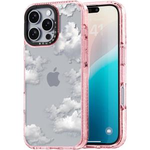 Bouvardia for iPhone 16 Pro Case, Girly Shockproof Protective Phone Case & White Clouds Design, Aesthetic Cute Pink Glitter Cover from Talented Designer for Women and Girl
