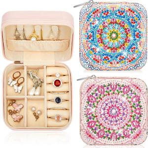 Hinly 2 Pcs Portable Diamond Painting Jewelry Storage Box DIY Diamond Art Accessories PU Leather Jewelry Ring Organizer Case Travel Jewelry Organizer(Charming Style,Elegant Color)