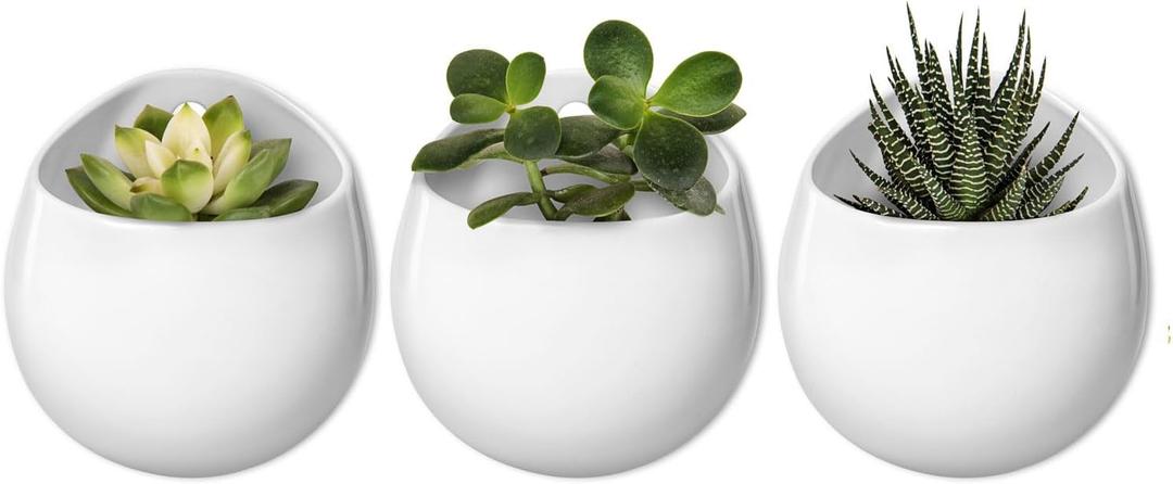 Mkono 4 Inch Wall Mounted Planter Round Ceramic Hanging Plant Holder Decorative Flower Display Vase Succulent Pots for Indoor Plants, Set of 3, White (Plants NOT Included)