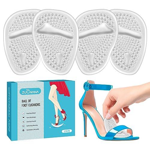 ZUCNANA Ball of Foot Cushions (2 Pairs Gel Shoe Inserts), Heel Inserts for Women, Non Slip Heel Pads, Heel Cushions for Women Foot Pain Relief and Comfort, One Size Fits Any (Clear)