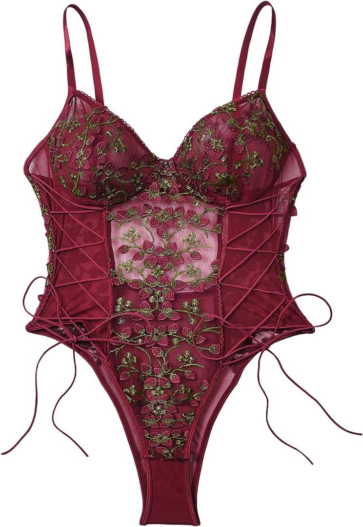Lilosy Women Sexy Lace Up Floral Embroidered Teddy Lingerie Bodysuit Top Mesh Sheer One Piece (XX-Large, Burgundy)