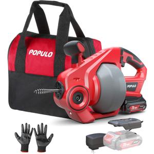 POPULO 20V Cordless Electric Drain Auger-Efficient 25Ft Auto-Feed Drain Snake with Replaceable Cable,2.0Ah Battery,Charger,Storage Bag & Gloves for Kitchen,Bathroom,Shower Pipes (3/4"-2")"