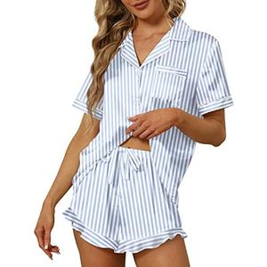 SAPJON Satin Silk Pajamas for Women 2Pcs Ruffle Notch Collar Sleepwear Button Down Short Sleeve Shorts Pjs Set Loungewear Size S without short