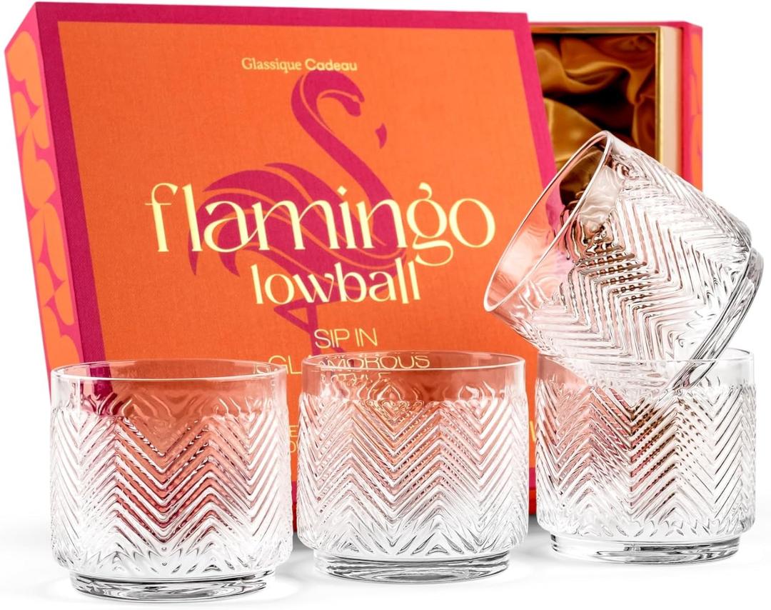 Vintage Flamingo Lowball Cocktail Glasses for Drinking Gin, Rum, Vodka, Whiskey Bar Drinks | Set of 4 | 11 oz Stackable Thick Crystal Short Tumblers | Tropical Glassware Collection