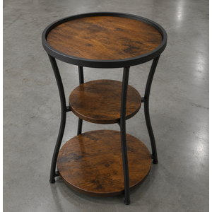 Round Side Table with Charging Station, Small Drink Table for Small Spaces, 3-Tier Industrial End Table, Accent Nightstand Bedside Table for Living Room, Bedroom, Sofa Couch, Rustic Brown