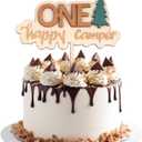 First Birthday Cake Topper, Wooden One Cupcake Topper 1st Birthday Party Decoration Number Cake Photo Props Happy Camper Party Decor for Baby Shower Anniversary