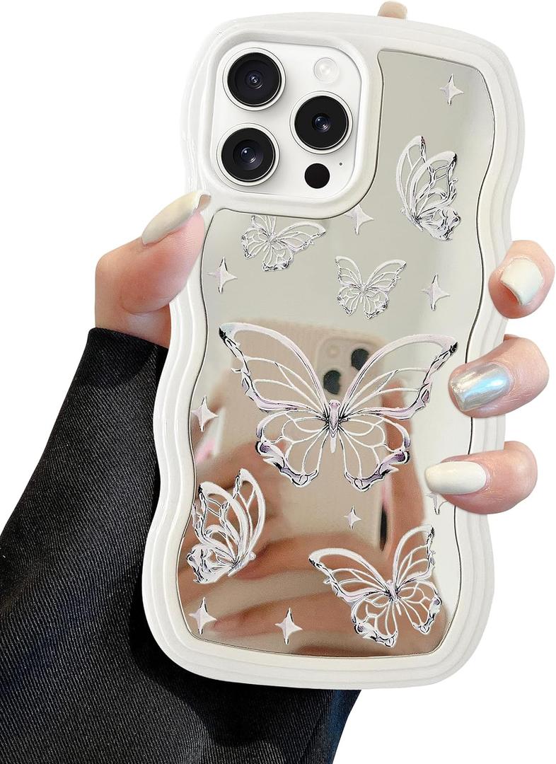 Jusy Compatible with iPhone 11 Pro Max Case with Wavy Edge, Cute White Butterfly Mirror Curly Phone Cases, Shockproof Hard PC & Soft TPU Bumper Protection Cover for Women Girls-Butterfly