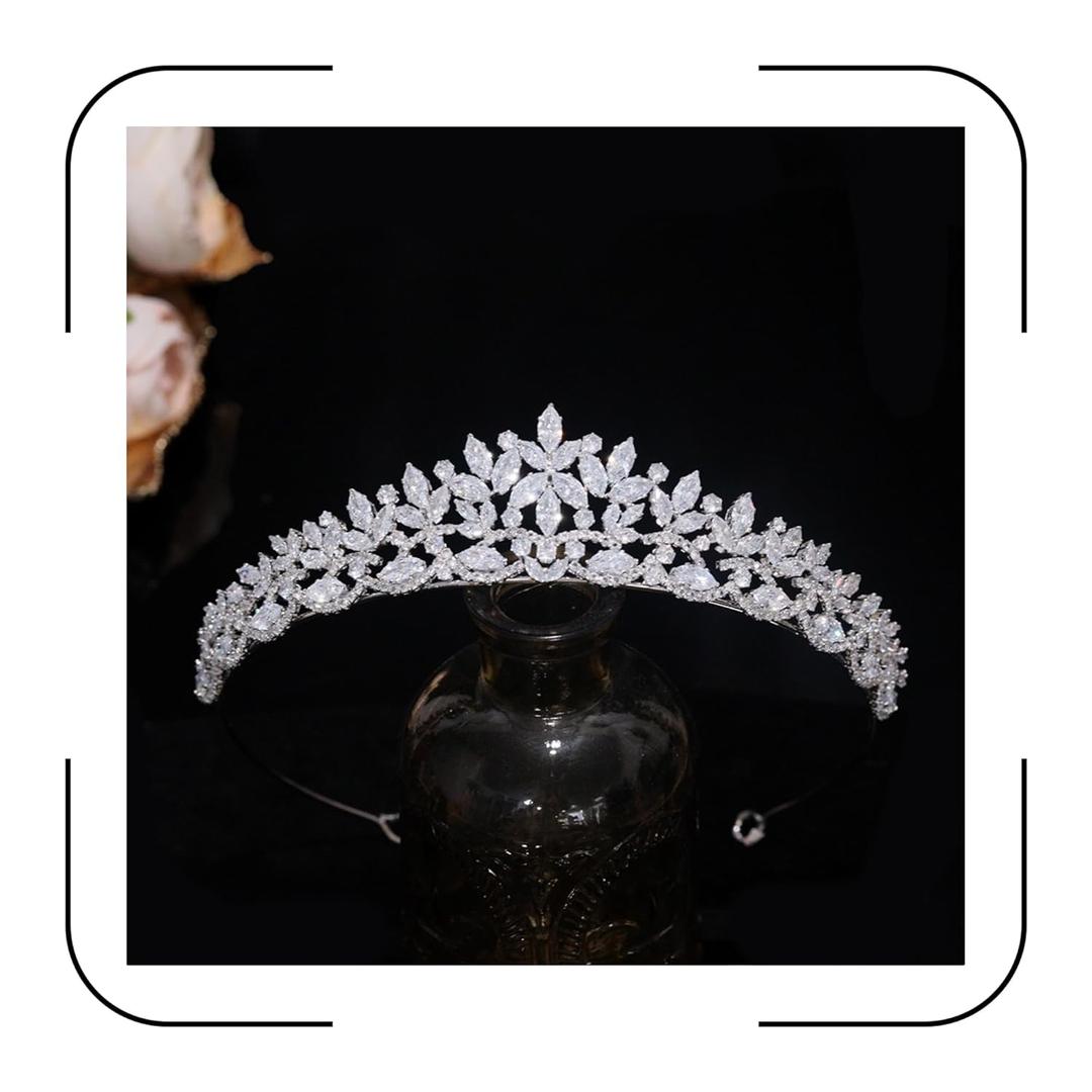 Aoligrace Silver Cubic Zirconia Small Wedding Crowns for Bride CZ Birthday Party Floral Tiaras Sweet 16 Prom Hair Accessories