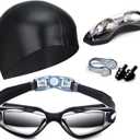 Swim Goggles Swimming Goggles No Leaking with Nose Clip, Earplugs, Swim Cap and Case for Men Women (Black)