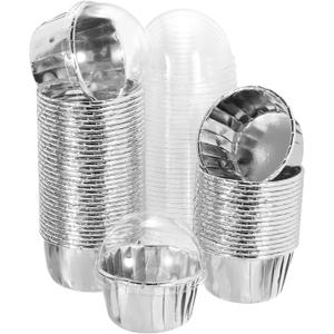 uxcell 50 Pcs Double-sided Aluminum Foil Cupcake Liners with Lids, Greaseproof Muffins Baking Cupcakes for Wedding Birthday Party Decoration, Silver (Round)