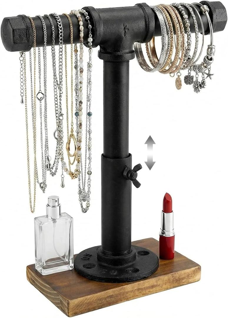 MyGift Industrial Pipe Black Metal T-Bar Jewelry Bracelet & Necklace Adjustable Height Display Stand with Brown Wood Base