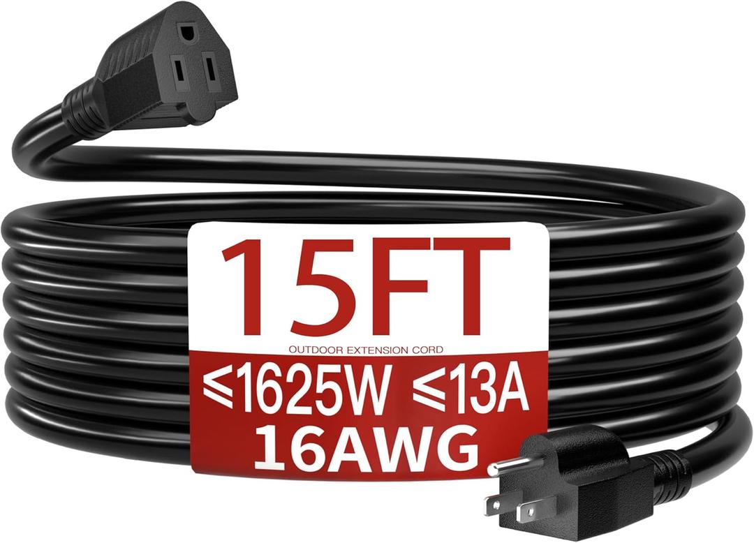 15 FT 13 Amps 1625 Watts 16/3 Outdoor Extension Cord Waterproof, Weatherproof & Flame Retardant Black 3 Prong Power Cord Outside for Lawn & Garden,125 VAC 16AWG SJTW, ETL Listed