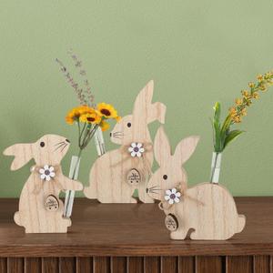 3 Sets Wooden Bunny Flower Vases Easter Farmhouse Bunnies Sign Rabbits Holding Glass Test Tube Vases Rabbit Figure for Spring Easter Gifts Entrance Tabletop and Mantel Decor
