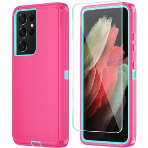 ONOLA Phone Case for Samsung Galaxy S21 Ultra Case with HD Screen Protector, Heavy Duty Shockproof & Dropproof 3-Layer Cover Phone Case for Galaxy S21 Ultra 6.8''PinkSkyBlue
