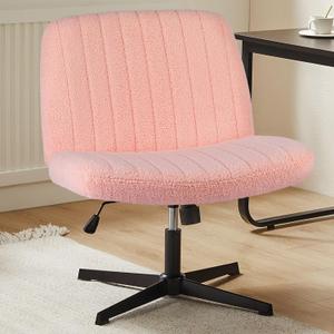 Sweetcrispy Criss Cross Chair Legged, Armless Office Wide Desk Chair No Wheels, Swivel Vanity Height Adjustable Fabric Modern Computer Task Seating for Home - Teddy Pink