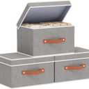 Fabric Storage Bins with Lids, Linen Foldable Clothes Boxes, Closet Organizer Containers with Double Handles, Baskets for Bedroom, Grey, 3 Pack, 13 x 9.1 x 7.9 Inch, Grey 