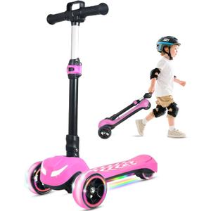 Electric Scooter for Kids Ages 3-12, Full Body Lights Up, Wide Deck, 3 Adjustable Heights, 5MPH Safe Speed, 90min Riding, Foldable 3 Wheel Electric Scooter for Kids Boys Girls Toddler (Pink + Pull Handle)