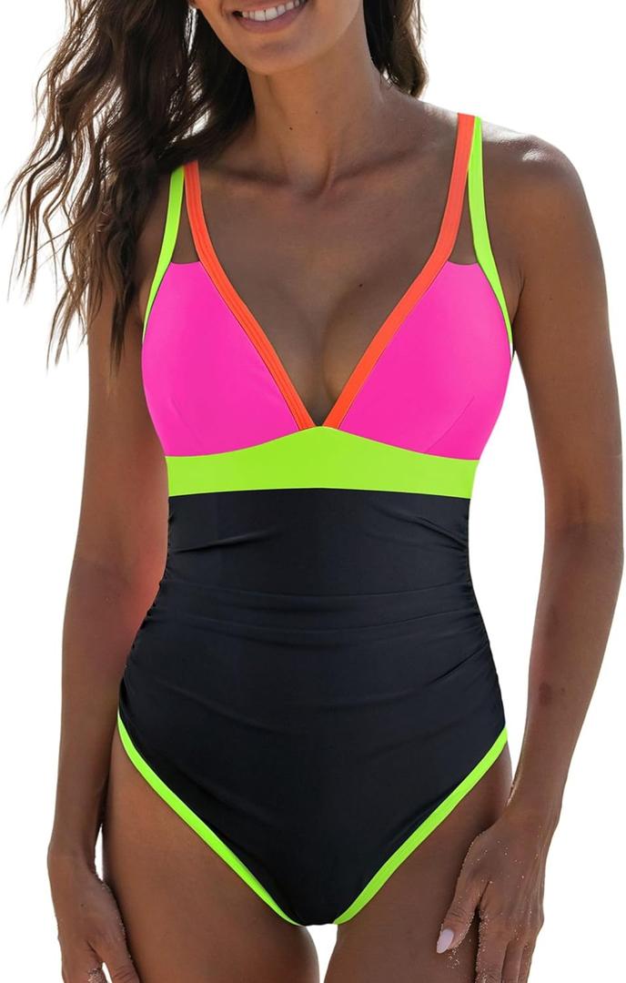 popvil Women's One Piece 2025 Tummy Control Swimsuits Neon Color Block Swimwear Deep V Neck Slimming Bathing Suit (Large, Black&pink)