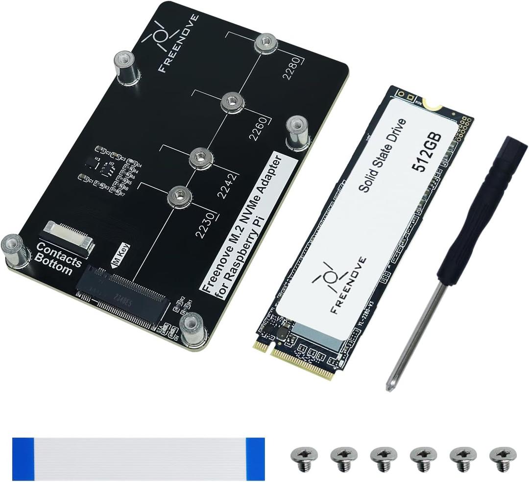 Freenove M.2 NVMe Adapter for Raspberry Pi 5 (with 512GB SSD), M.2 HAT Add-on Board, Solid State Drive, PCIe 2.0/3.0, Tested Speed 800 MB/s