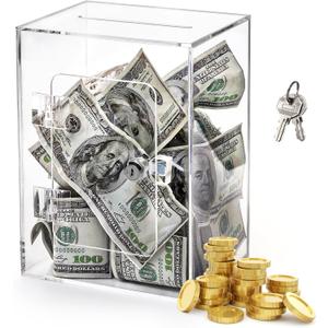 Clear Piggy Bank for Adults Kids, Acrylic Money Saving Box with Lock, Reusable Coin Cash Storing Container with Key, Openable Unbreakable Money Change Jar Pot for Birthday Gift Home Decoration