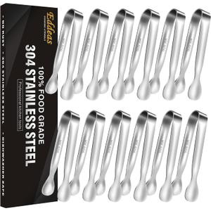Eddeas Mini Tongs For Serving FoodSet fo 12 Small Tongs For AppetizersSmall Stainless Steel Metal Cooking Tongfor Tea Party Coffee Bar, 4 inch Sugar Tong - Silver