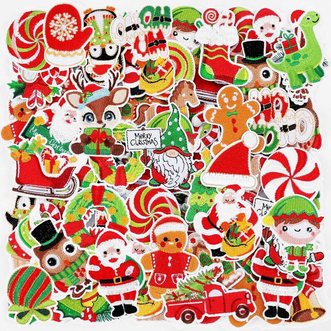 Zeyune 72 Pcs Christmas Iron on Patches Embroidery Iron on Hat Patches Santa Claus Xmas Tree Cane Candy Gingerbread Sew on Applique for Clothes Hats Socks Jeans Backpacks(Cute,Red, Green)