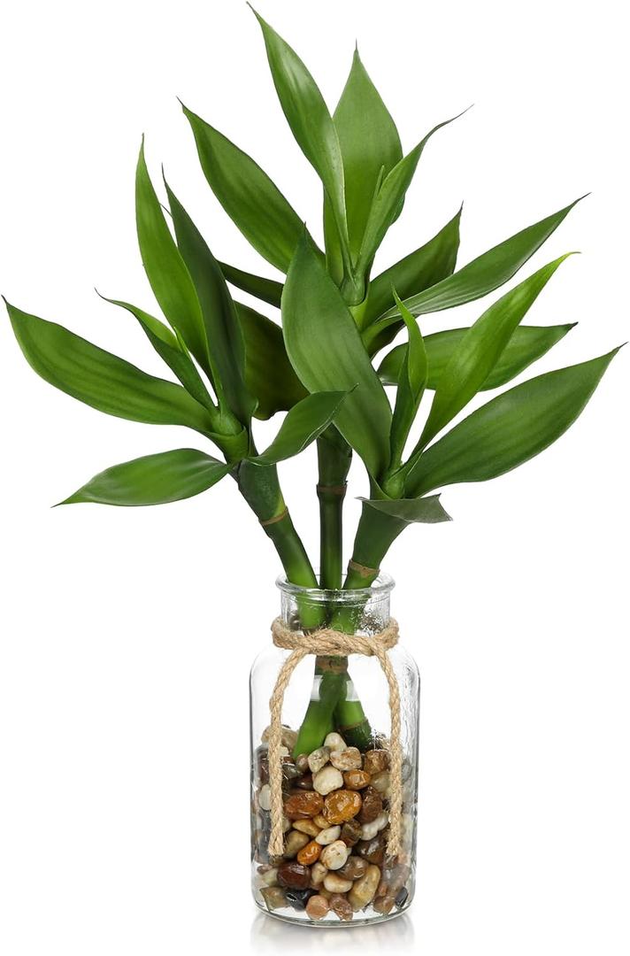 2 Pack Artificial Lucky Bamboo Plant 17.3 Fake Plant in Glass Vase for Home Indoor Table Centerpieces Desk Office Living Room Bedroom Decoration
