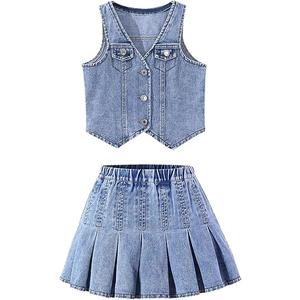 MakeMeChic Girl's Y2K Two Piece Cute Outfits Denim Jeans Sleeveless Button Down Vest and Pleated Mini Skirt Set 8-12 Years