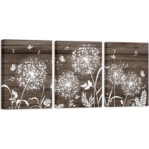 RnnJoile Rustic Dandelion Wall Art Set 3 Pieces Brown Abstract Flower Canvas Picture Painting for Farmhouse Wall Decor 12"x16" for Each (Brown)